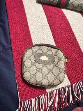 Gucci Beige/Brown Monogram Coin Pouch with Gold Plate